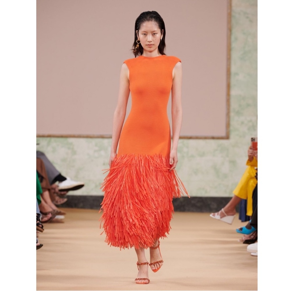 Aje Rushes Raffia Trimmed Ribbed Stretch Knit Dress Orange - Picture 15 of 16